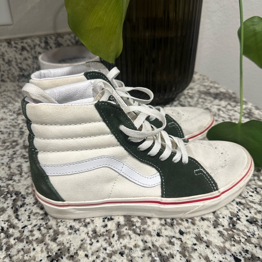 Vans High-Top Sneakers in White and Dark Green